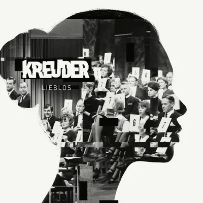 Schwarzweiß-Collage in der Silhouette eines Frauenkopfes im Profil, darin ein Saalpublikum mit Nummernschildern; Schriftzug „KREUDER – Lieblos“