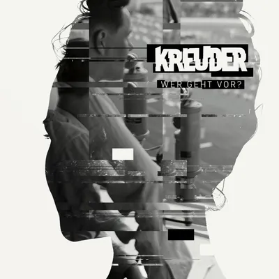 Schwarzweiß-Collage in der Silhouette eines Kopfes im Profil, darin ein Mann vor Mikrofonen; Schriftzug „KREUDER – Wer geht vor?“
