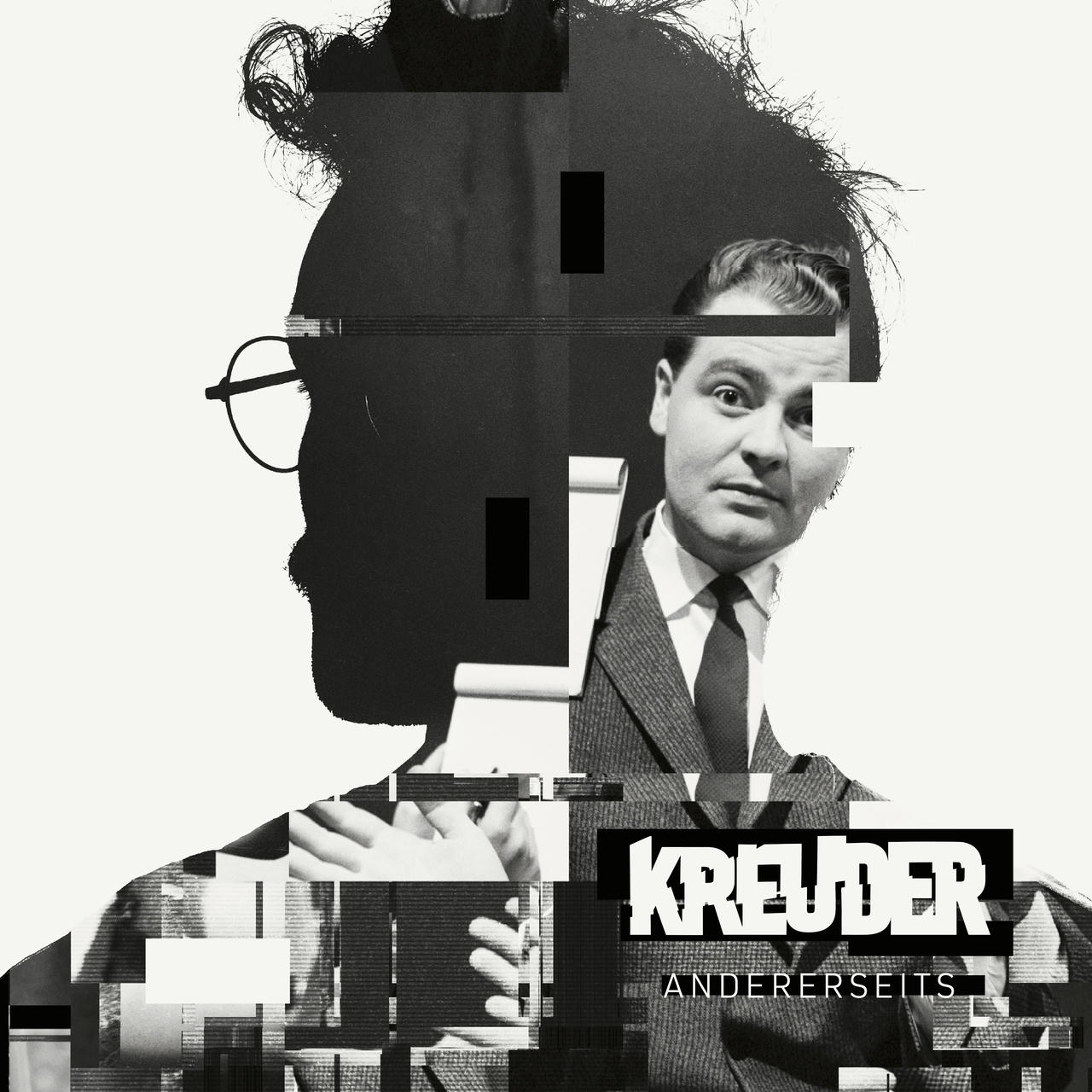 Schwarzweiß-Collage in der Silhouette eines Kopfes mit Brille im Profil, darin ein Mann im Anzug; Schriftzug „KREUDER – Andererseits“