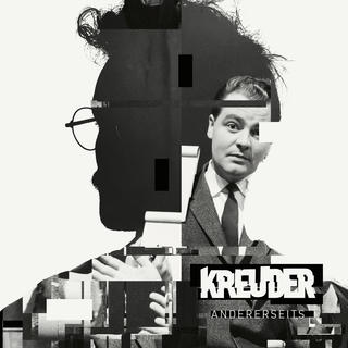 Schwarzweiß-Collage in der Silhouette eines Kopfes mit Brille im Profil, darin ein Mann im Anzug; Schriftzug „KREUDER – Andererseits“